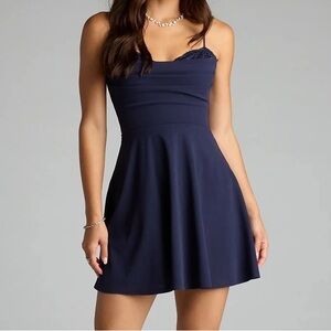 Sultry Glow Sequin Lace Trim Skater Dress